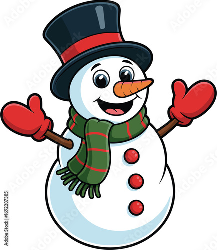 Happy cartoon snowman with red mittens, green scarf, top hat, smiling in winter holiday scene, Christmas vector illustration, festive character.