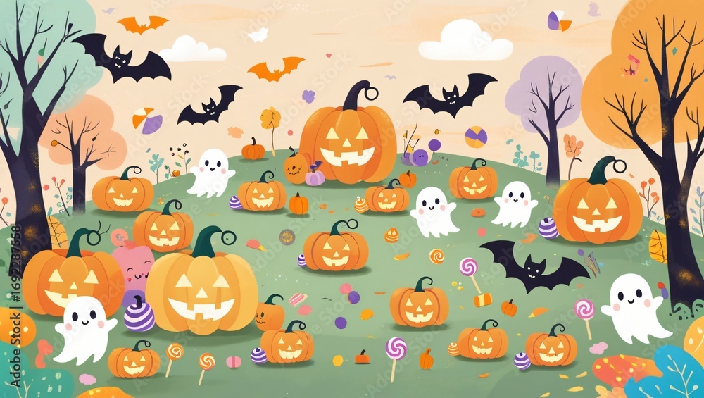 Naklejka premium Cute Halloween hidden picture worksheet for kids, small pumpkins, bats, ghosts, and candies hidden in a larger kawaii scene, pastel style