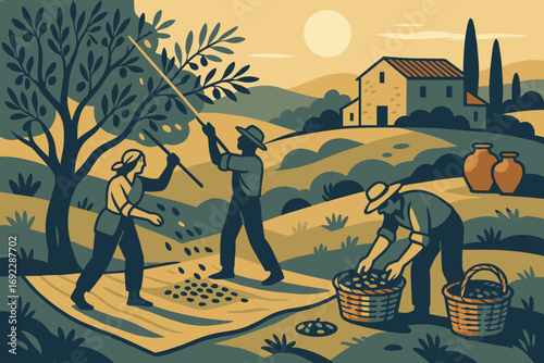 Harvesting fruit in an idyllic countryside setting during sunset with workers collecting and processing produce