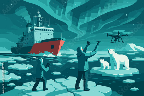 Arctic Expedition with Icebreaker Ship, Scientists Using Drone to Observe Polar Bears Under Northern Lights