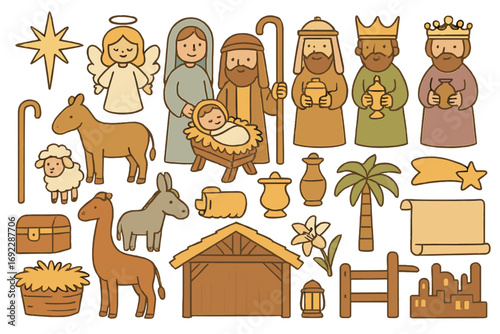 Nativity scene with traditional figures, animals, and elements depicting the Christmas story during festive celebrations