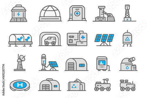 Modern facility icons showcasing sustainable energy and technology across various environments