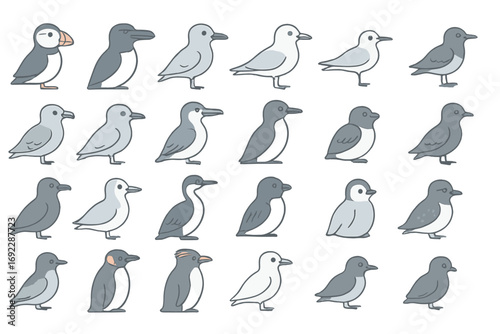Arctic and seabird icon set including puffins, penguins, gulls, and other coastal bird species in a minimal grey and white palette