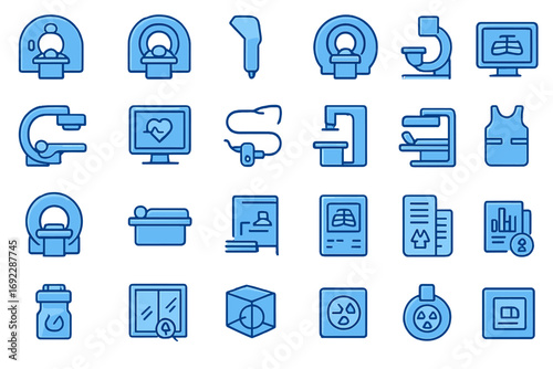 Medical imaging icon set including MRI, CT scan, X-ray, ultrasound, diagnostic monitors, and radiology tools on blue background