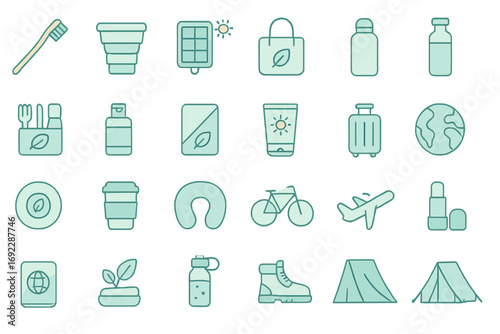 Sustainable travel and eco-tourism icons set with green gear and essentials for environmentally conscious adventures