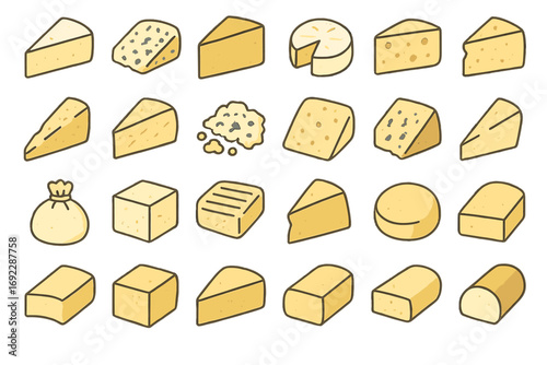 Hand-drawn cheese icon set featuring various types of cheeses including wedges, wheels, cubes, and blue cheese on golden background
