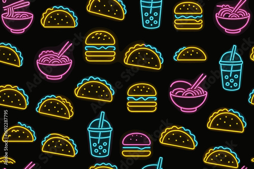 Seamless neon fast food pattern with glowing burgers, tacos, ramen, and bubble tea on black background