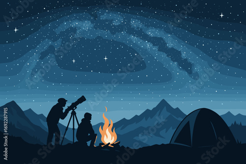 Starry night camping illustration with telescope, campfire, mountain landscape and Milky Way galaxy