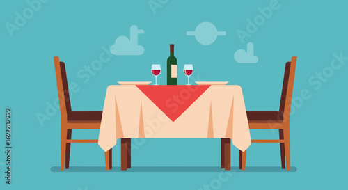 Elegant dining table setup for two with wine and plates on a simple blue background
