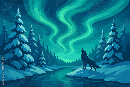 Silhouette of a howling wolf under northern lights in snowy winter forest at night illustration