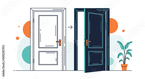 Transforming a closed door into an open entrance illustrating opportunity and new beginnings