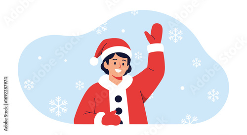 A cheerful person dressed as santa claus waving hello in a snowy winter scene