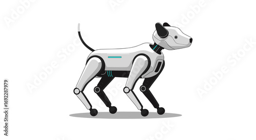 A white and black robot dog walking gracefully with a sleek futuristic design and blue accents on a white background