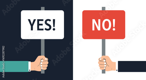 Decision making process showing options of yes and no with hands holding signs for agreement and disagreement
