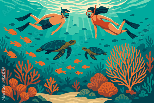 Illustration of people snorkeling with sea turtles and tropical fish in a vibrant coral reef underwater scene