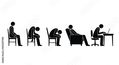 Illustration of different sitting positions and postures of a human figure