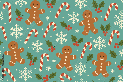 Seamless Christmas pattern with gingerbread men, candy canes, snowflakes, and holly on teal background