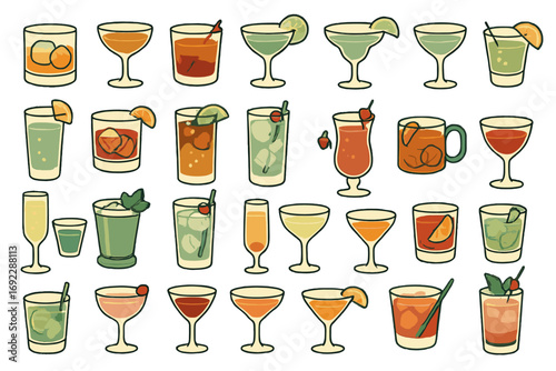 Colorful cocktail icon collection featuring various mixed drinks, garnishes, glasses, and alcoholic beverages in a hand-drawn style
