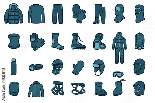 Set of hand-drawn winter and mountaineering gear icons on dark background for cold weather expeditions
