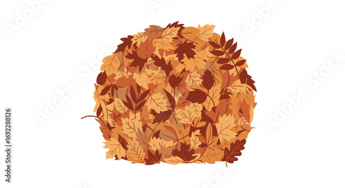 A large round pile of colorful autumn leaves forming a sphere on a white background