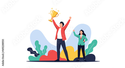 Achieving success together celebrating victory with a champion trophy and inspiring teamwork