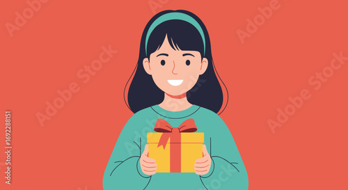 A young girl happily holding a bright yellow gift box with a red ribbon bow in celebration of a special occasion or event