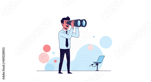 Businessperson with binoculars searching for opportunities and success in the future professional landscape