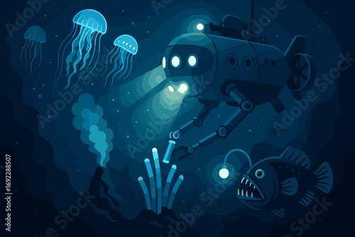 Underwater illustration of deep-sea submersible exploring ocean floor with bioluminescent creatures and hydrothermal vents