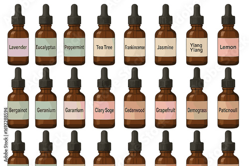 Set of labeled amber dropper bottles with various essential oils on neutral background