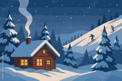 Cozy winter cabin in snowy forest with skiers on mountain slope under starry night sky, flat vector illustration