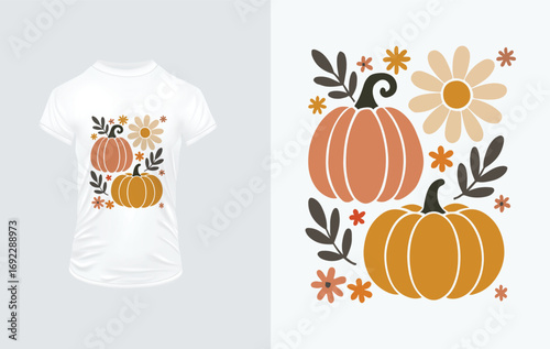 Autumn Pumpkins Floral Design Orange Brown T-shirt Mockup fall