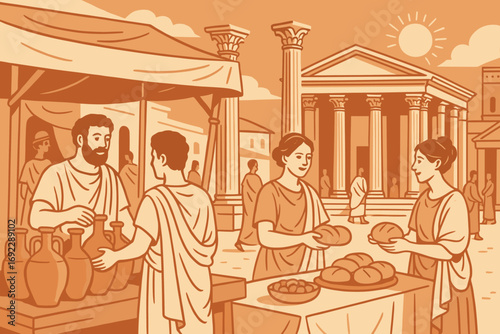 Ancient Roman marketplace scene with people trading bread and pottery in classical architecture setting