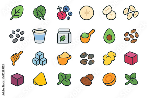 Colorful illustrated icons of healthy food ingredients including fruits, vegetables, nuts, dairy, herbs, and sweeteners on dark background