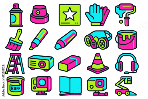 Neon graffiti and street art icon set with spray paint, markers, safety gear, and tools in vibrant cyan, pink, and yellow on dark background