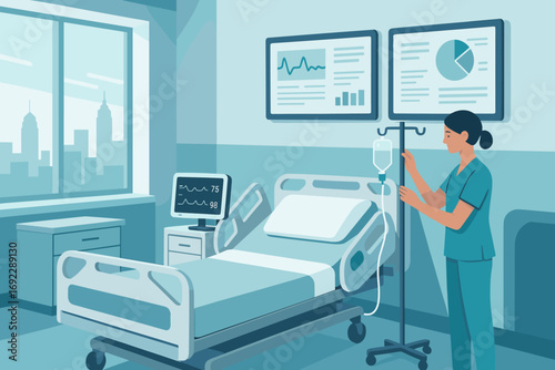 Modern hospital room with empty bed, medical equipment, and nurse adjusting IV drip in healthcare setting illustration