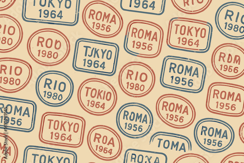 Seamless retro travel stamp pattern with distorted city names and years including Roma 1956, Tokyo 1964, and Rio 1980 on vintage paper background