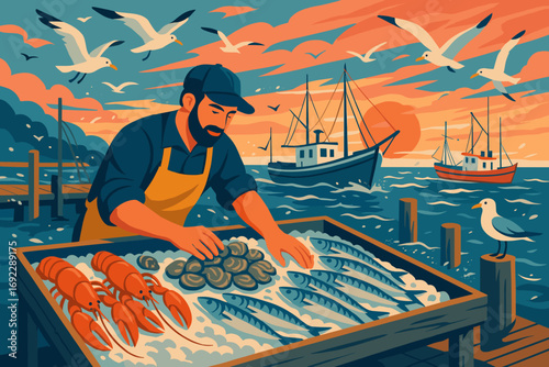 Fisherman arranging fresh seafood on dockside market at sunset with fishing boats and seagulls