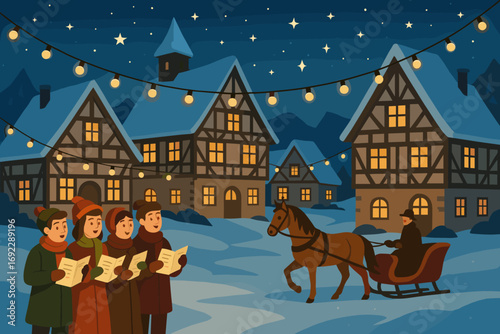 Winter village scene with carolers singing and horse-drawn sleigh ride under festive holiday lights