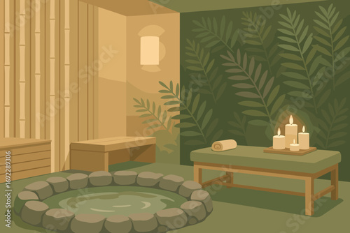 Serene spa room with hot stone bath, wooden benches, massage table, and glowing candles for relaxation