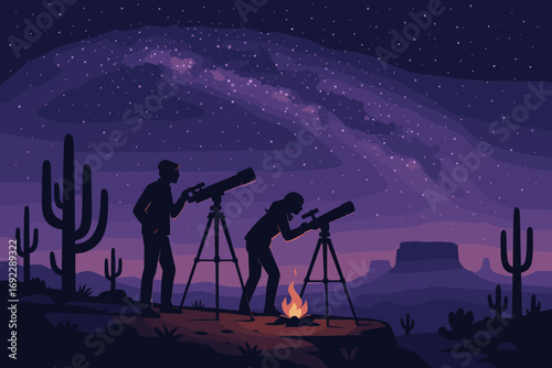Couple stargazing in desert with telescopes and campfire under Milky Way galaxy at night
