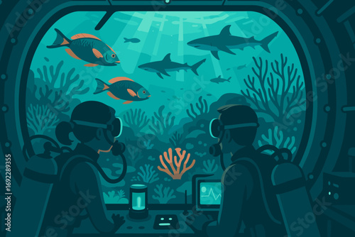Underwater research illustration with scuba divers observing sharks and fish through submarine window in coral reef