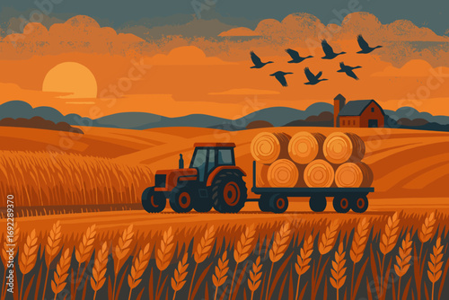 Illustration of a tractor pulling hay bales through a golden wheat field at sunset with a barn and flying geese in the background