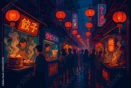 Vibrant Asian night market scene with glowing lanterns, food vendors selling dumplings, bubble tea, and grilled skewers, crowded alleyway