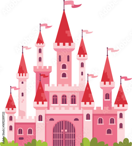 Pink fairy tale castle with red roofs, fantasy palace illustration, magical building, cartoon castle design, children storybook, fantasy architecture vector.