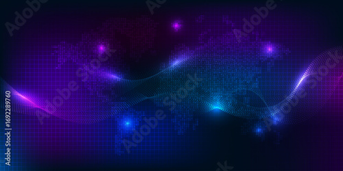 Abstract technology background with wave wireframe and world map .Vector illustrations