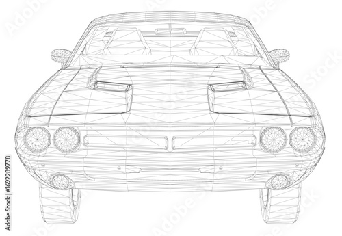 Muscle car wireframe model on a white background, showcasing detailed vintage automotive design.