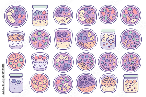 Colorful jars and bowls filled with fruits and desserts on a bright background perfect for sweet treats enthusiasts