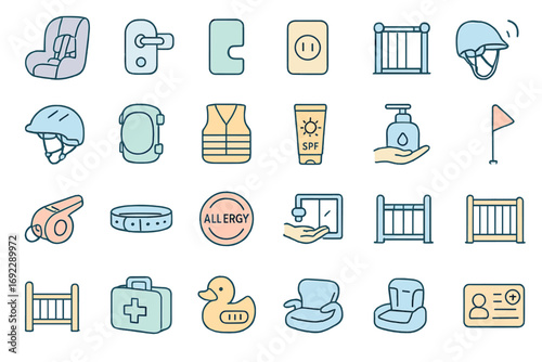 Safety symbols for child protection and gear in various environments including home, outdoor, and sports activities
