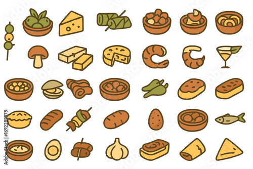 Variety of delicious foods illustrated in a playful and colorful style suitable for menus and culinary graphics