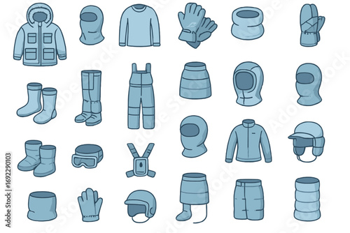 Warm clothing collection for winter activities includes hats, gloves, jackets, and boots for cold weather adventures